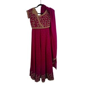 Three Piece Lehenga Choli Raspberry Beaded Embroidered Skirt Crop Top XS